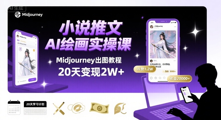 小说推文干货分享之AI绘画MJ出图实操课，用Midjourney做小说推文，20天挣2w-怪兽网创俱乐部