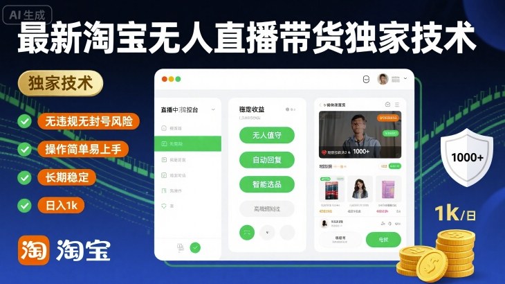 最新淘宝无人直播带货独家技术，无违规无封号风险，操作简单易上手，长期稳定日入1k【揭秘】-怪兽网创俱乐部