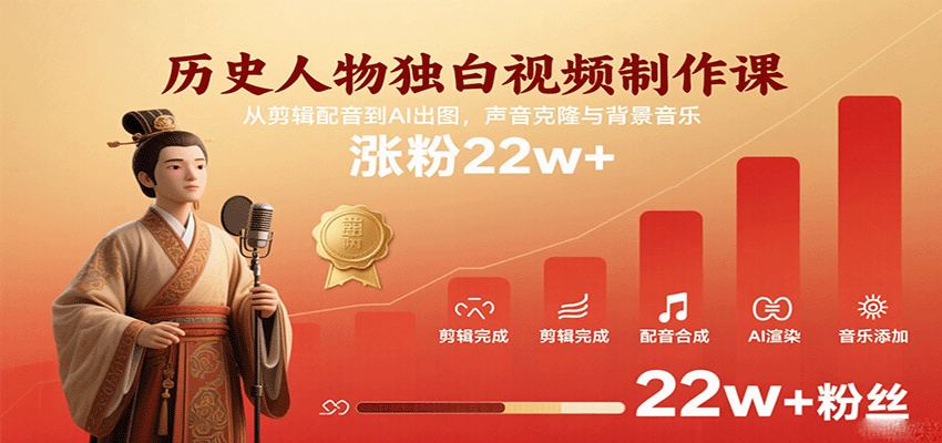 历史人物独白视频制作课，从剪辑配音到AI出图，声音克隆与背景音乐，涨粉22w+-怪兽网创俱乐部