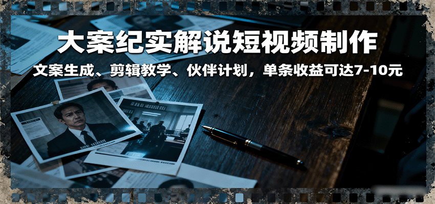 大案纪实解说短视频制作，文案生成、剪辑教学、伙伴计划，单条收益可达7-10元-怪兽网创俱乐部