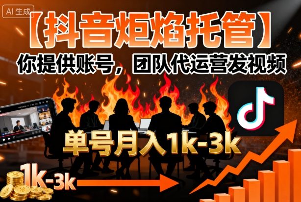 【抖音炬焰托管】你提供账号，团队代运营发视频，单号月入1k+【揭秘】-怪兽网创俱乐部