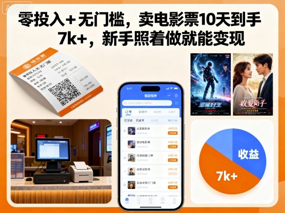 零投入+无门槛，卖电影票10天到手7k+，新手照着做就能变现【揭秘】-怪兽网创俱乐部