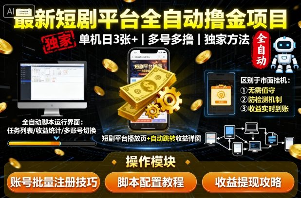 最新短剧平台全自动挂G撸金项目，单机一天3张+，多号多撸，区别于市面所有挂机项目，独家方法【揭秘】-怪兽网创俱乐部