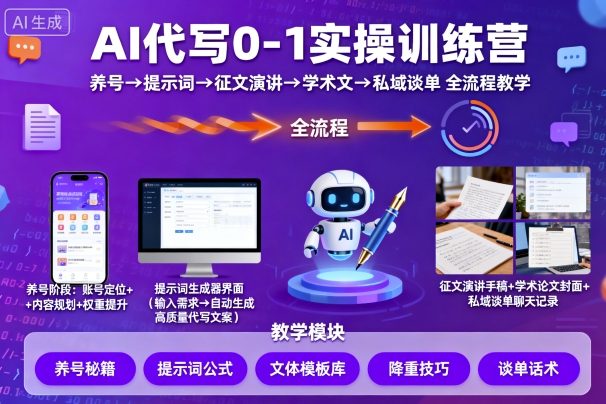 AI代写0-1实操训练营，从养号、提示词、征文演讲、学术文，到私域谈单的全流程教学-怪兽网创俱乐部