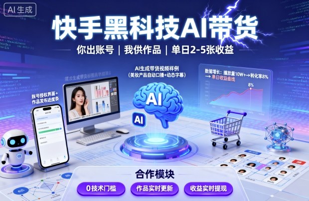 快手黑科技AI带货，你提供账号，我提供作品并发布，单日2-5张【揭秘】-怪兽网创俱乐部