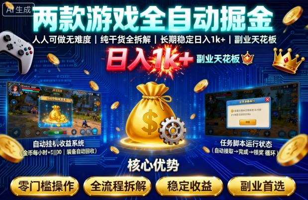 两款游戏全自动掘金，人人可做无难度，纯干货全拆解，长期稳定，日入1k+，副业天花板【揭秘】-怪兽网创俱乐部