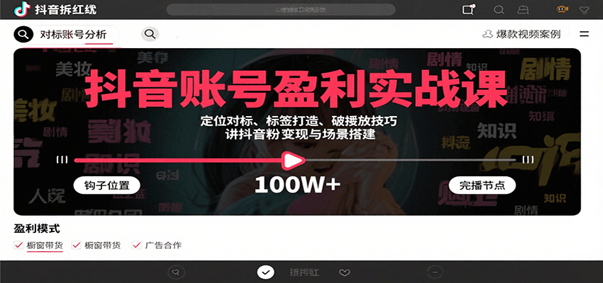 抖音账号盈利实战课，定位对标、标签打造、破播放技巧，讲涨粉变现与场景搭建-怪兽网创俱乐部