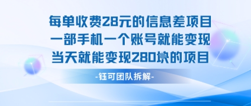每单收费28米的项目单日能变现280左右 一部手机一个账号就能变现-怪兽网创俱乐部