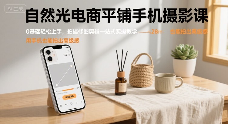 自然光电商平铺手机摄影课，0基础轻松上手，拍摄修图剪辑一站式实操教学，用手机也能拍出高级感-怪兽网创俱乐部