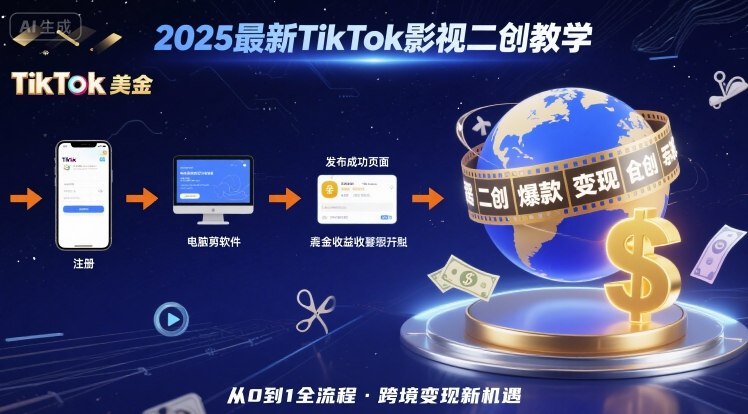 2025年最新TikTok影视二创教学，从注册到发布撸美金全流程，跨境变现新机遇-怪兽网创俱乐部