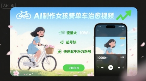 AI制作女孩骑单车治愈视频，流量大，起号快，快速起千粉万粉号-怪兽网创俱乐部