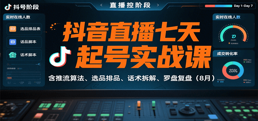 抖音直播七天起号实战课：含推流算法、选品排品、话术拆解、罗盘复盘（8月）-怪兽网创俱乐部