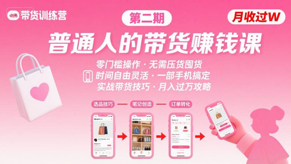 小红书带货第二期训练营，普通人月收过W的带货课，时间自由，零门槛无压货，一部手机即可操作-怪兽网创俱乐部